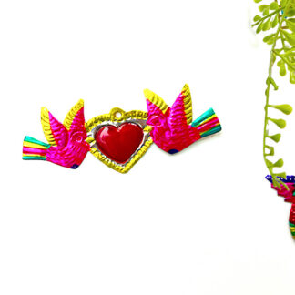 Coeur ex-voto deux colombes mauve (Coeur ex voto) - Tienda Esquipulas