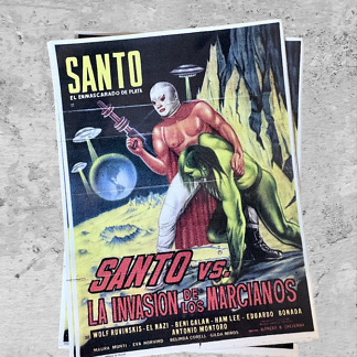 Sticker affiche lucha libre Santo vs la Invasión de los Marcianos, création Dr. Rabias