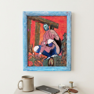 Peinture sur verre Blue Demon, peinte à la main par l'artiste Manuel Baumen, technique de peinture inversée sur verre